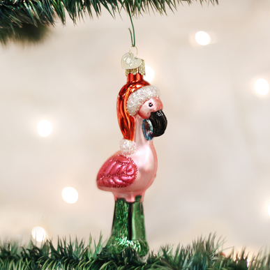 Old World Christmas Glass Blown Ornament with S-Hook and Gift Box Birds Collection Flamingo