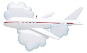 White Airplane with a Red Stripe Flying in the Clouds Personalize