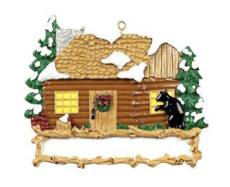 Log Cabin with Bear peeking in Personalized Ornament