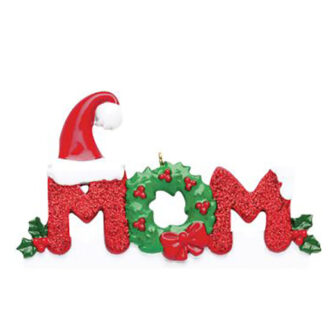 Mom ornament with red glitter and a fun wreath with a santa hat personlized ornament