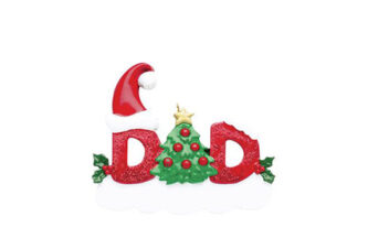 Red Glitter Dad Ornament with a tree for the letter A and a santa hat personlize