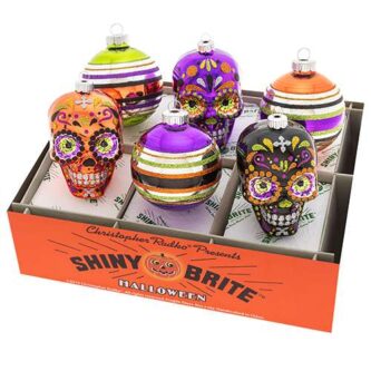Radko Shiny Brite Day of the Dead Halloween 6 Count 3.25" Decorated Rounds & Skulls