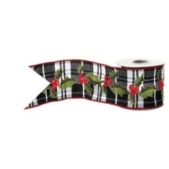 Black and White Plaid Ribbon with Red Holly and green leaves