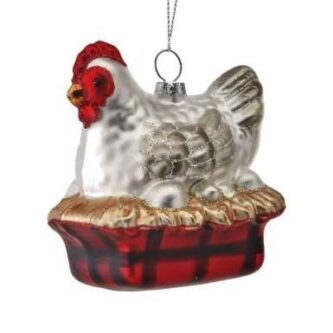 White Hen in a basket with Eggs Ornament