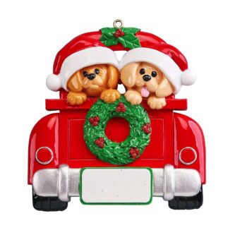Two Puppies in a red car personalized ornament