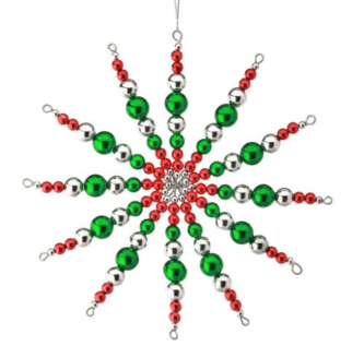 Beaded Retro Starburst Ornament Red Green and silver Beads