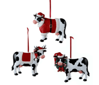 Christmas Cow Ornaments, 3 Assorted