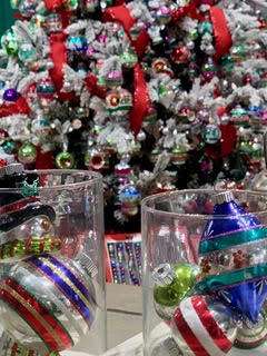 Christmas decorations in jars and on a christmas tree
