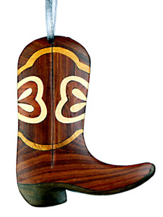 Wood Western Boot Intarsia Double Sided Ornament