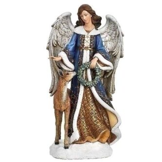 Winter Blue Angel Holding Wreath with Deer and Gold Accents