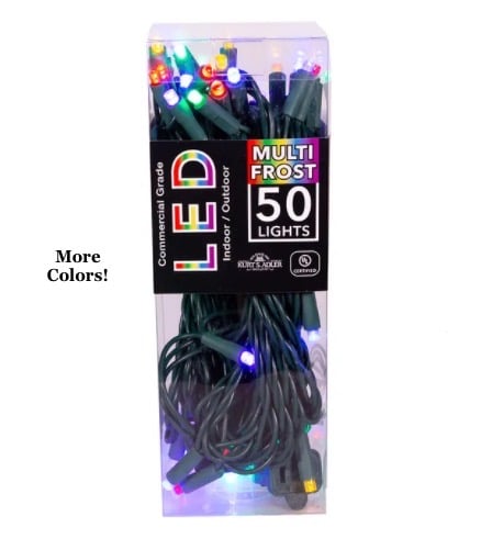Frosted Wide Angle LED 50 Lights Multi lights green cord stnicks.com package