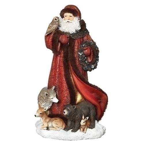 This Santa With Woodland Creatures Figurine features Santa in a deep red coat surrounded by his woodland friends. 