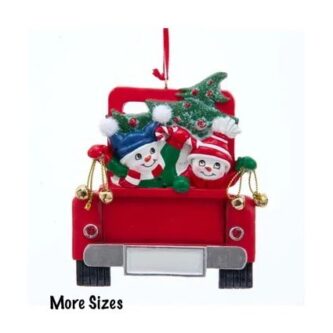 Snowman Family In Red Truck Ornament Personalized Two